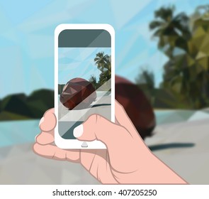 Vector illustration. Right hand holds mobile phone and makes photo of tropical landscape