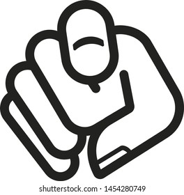 Vector illustration. Right hand pointing finger at viewer. Front point of view.