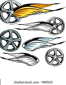 Vector illustration of a rim with fiery wings.  The vectors are VERY CLEAN and ready for vinyl cutting, great also for screen printing and any other design work.