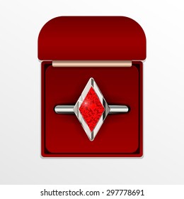 Vector illustration of a ring with a diamond-shaped red precious stone in box.