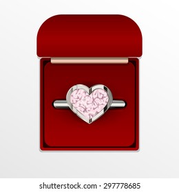 Vector illustration of a ring with a heart-shaped pink precious stone in box.