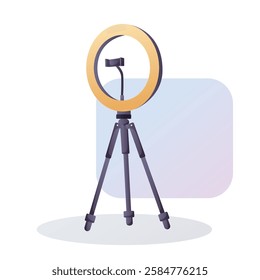 Vector illustration of a ring light on a tripod with a phone holder, used for recording videos and taking photos.  
