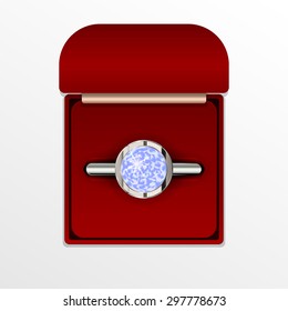 Vector illustration of a ring with round pale blue precious stone in red box.