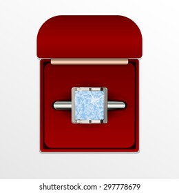 Vector illustration of a ring with square pale blue precious stone in red box.