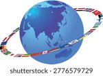 Vector illustration of a ring of world flags circling the globe centered on Asia and Oceania