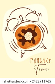 Vector illustration of a ringing alarm clock with pancake. Pancake time. Get up. Breakfast time. Postcard, banner, image for printing.