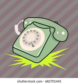 Vector illustration of a ringing phone. Vintage green telephone with striped background.