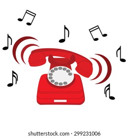 Vector illustration of ringing red stationary phone with music notes symbols. Old red telephone. Red phone with rotary dial. 