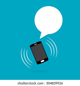 Vector illustration of ringing and vibrating phone with talk balloon white copyspace.
