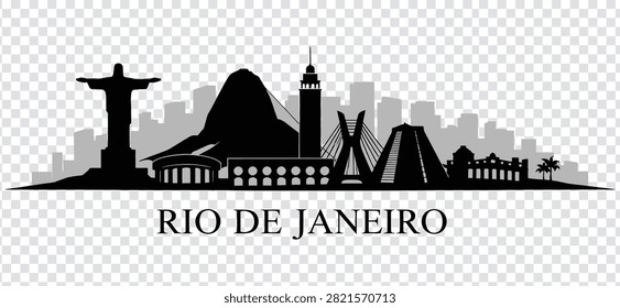 Vector illustration of Rio de Janeiro city skyline with famous landmarks like Christ the Redeemer and Sugarloaf Mountain, isolated on white background.