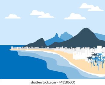 Imagen vectorial con el famoso paisaje de la bahía de Río de Janeiro. La playa plana de Copacabana alcanza su punto máximo en silueta. Fondo de pantalla del mar brasileño.