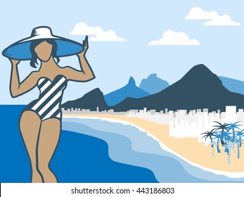 Vector illustration with Rio de Janeiro bay mountains famous landscape. Flat Copacabana beach peaks silhouette for background. Beautiful Brazilian girl on seafront.