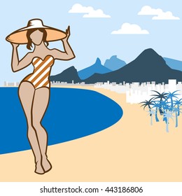 Vector illustration with Rio de Janeiro bay mountains famous landscape. Flat Copacabana beach peaks silhouette for background. Beautiful Brazilian girl on seafront.