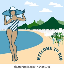 Vector illustration with Rio de Janeiro bay mountains famous landscape. Flat Copacabana beach peaks silhouette for background. Beautiful Brazilian girl on seafront. Brazil summer vacation concept