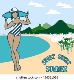 Vector illustration with Rio de Janeiro bay mountains famous landscape. Flat Copacabana beach peaks silhouette for background. Beautiful Brazilian girl on seafront. Brazil summer vacation concept