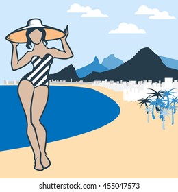 Vector illustration with Rio de Janeiro bay mountains famous landscape. Flat Copacabana beach peaks silhouette for background. Beautiful Brazilian girl on seafront. Brazil summer vacation concept