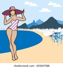 Vector illustration with Rio de Janeiro bay mountains famous landscape. Flat Copacabana beach peaks silhouette for background. Beautiful Brazilian girl on seafront. Brazil summer vacation concept
