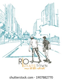 Vector illustration of Rio de Janeiro's urban landscape with stylized skaters in stripped strokes. Sketch-style drawing with skaters in cartoon style.