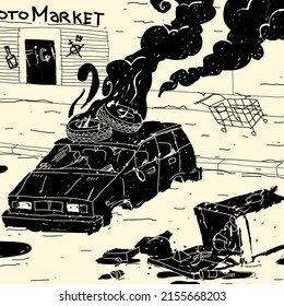 Vector illustration of riots in the city and a burning car