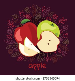 Vektorgrafik von reifen Apfelfrüchten auf Muster und abstraktem Hintergrund mit Blättern, Früchten und Beeren für organische gesunde Lebensmittelverpackungen, Naturkosmetik, Vegetarier, veganische Produkte. Apfelschild.