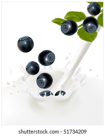 Vector illustration. Ripe blueberry falling into the milky splash.