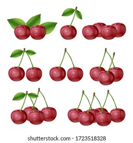 Vector illustration of ripe cherries on a white background. Berries with stems and green leaves.