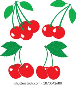 Ilustración vectorial de cerezas maduras sobre un fondo blanco. Berries con tallos y hojas verdes.