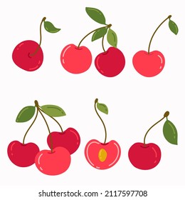 Vector illustration of ripe cherries on a white background. Juicy berries with stems and green leaves. Set of fresh hand drawn red cherries whole, double, group and half on isolated background.