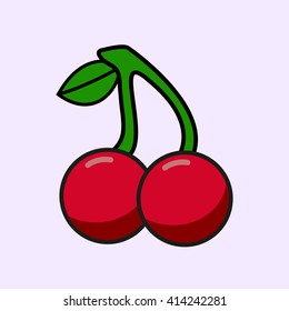 Vector Illustration of Ripe Cherries on a White Background. Berries Cherries With Stems and Green Leaves.