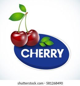 Vector illustration of ripe cherries on a white background. Berries with stems and green leaves.Cheery label template.