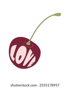 Vector illustration of a ripe cherry with the inscription Love inside. An elegant juicy print for loving hearts. Good for printing on covers and surfaces, textiles, bags, love cards, scrapbook, flyers