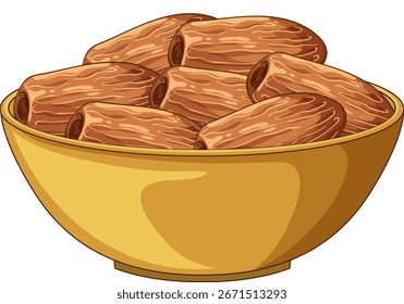 Ilustração vetorial de datas maduras em uma tigela amarela, estilo plano, linhas limpas, paleta quente