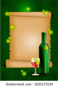 Vector illustration  ripe grapes, wine glass and bottle wine .
