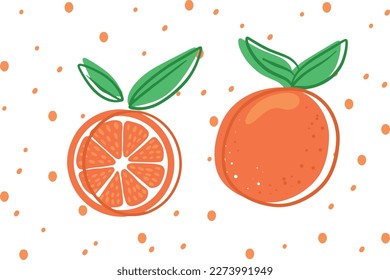 Vector illustration of a ripe juicy orange whole and in half on a background of orange peas of different sizes on a white background. Background, wallpaper.