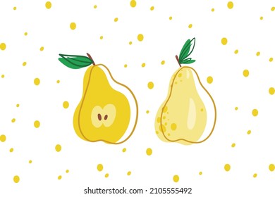 Vector illustration of a ripe juicy yellow pear whole and half with a background of yellow polka dots of different sizes on a white background. Background, wallpaper. 