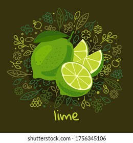 vector illustration of ripe lime fruit on pattern and abstract background with leaves, fruits and berry for organic healthy food packaging, natural cosmetics, vegetarian, vegan products. lime label.