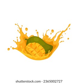Vector illustration, ripe mango fruit with splashes of juice, isolated on white background. - Shutterstock ID 2365002727
