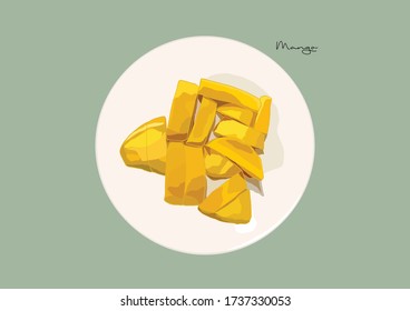 Vector Illustration of ripe Mango slices on white dish, tropical fruit