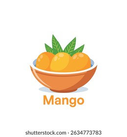 Vector illustration of ripe mangoes in a bowl with leaves. Ideal for healthy food branding, tropical fruit packaging, or summer-themed content