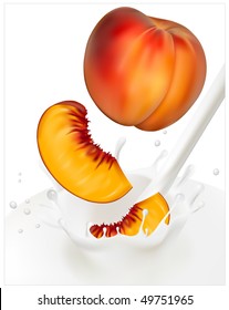Vector illustration. Ripe  peaches falling into the milky splash.