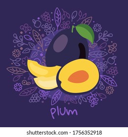 vector illustration of ripe plum fruit on pattern and abstract background with leaves, fruits and berry for organic healthy food packaging, natural cosmetics, vegetarian, vegan products. plum label