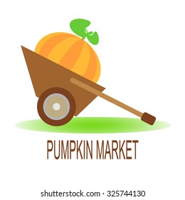 Vector illustration of a ripe pumpkin in a hand barrow. Orange pumpkin with green leaves in a cart. Large pumpkin in a hand cart. Autumn crop concept. Pumpkin market concept. Wheelbarrow with pumpkin.