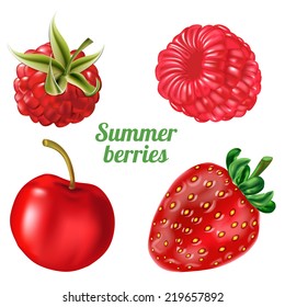 Vector illustration of ripe raspberry, strawberry and cherry isolated on white