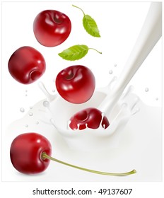 Vector illustration. Ripe red cherries falling into the milky splash.