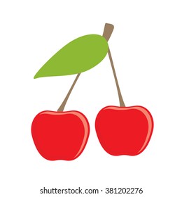 Vector illustration ripe red cherry berries with leave. Cherry flat vector icon