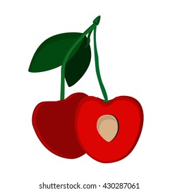 Vector illustration ripe red cherry berries with leaves. Cherry fruit icon.