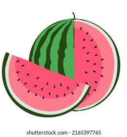Vector illustration of ripe red fruit watermelon, green stem, cut half, sliced slice berry with red flesh. Graphic Watermelon symbols sweet food. Tropical watermelons on white background