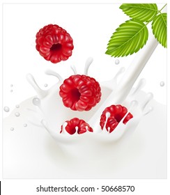 Vector illustration. Ripe red raspberries falling into the milky splash.