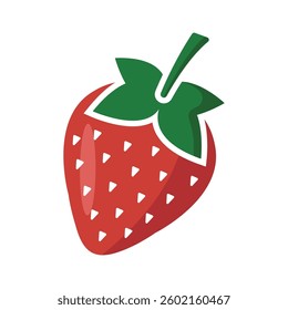 Vector illustration of a ripe red strawberry with a vibrant green leafy top. The fruit has a heart-like shape and is covered in small yellow seeds.