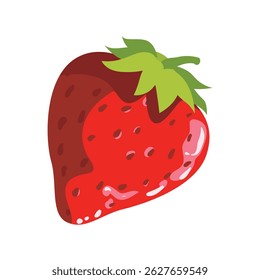 Vector illustration of a ripe red strawberry with green leaves, isolated on white background. Fresh, sweet, and vibrant fruit design perfect for food-related content.